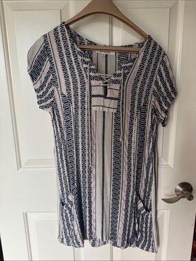Rip Curl Beige Boho Beach mini dress  with Navy Stripes - Size M